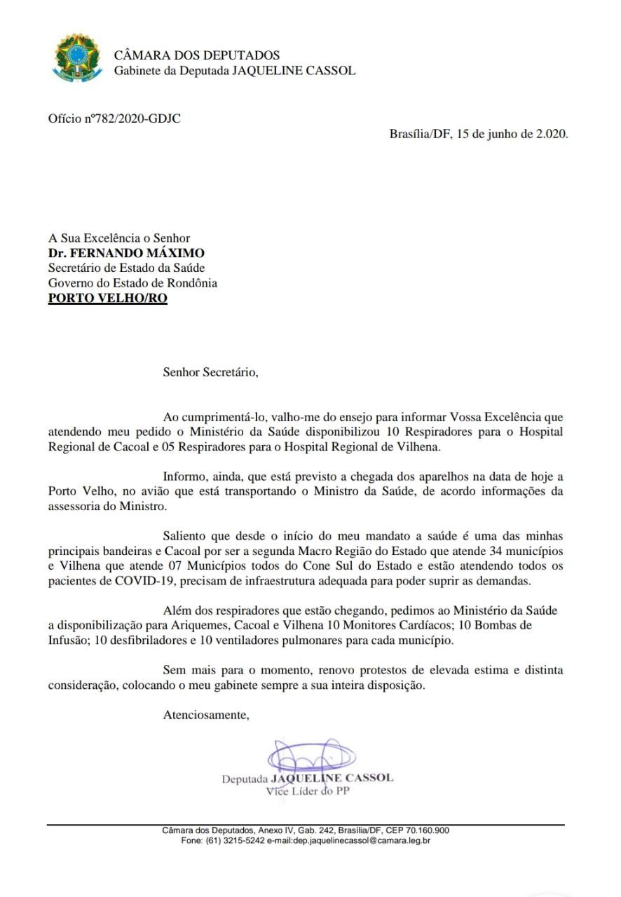 Novos respiradores solicitados por deputada Jaqueline Cassol chegam hoje em Rondônia - noticias - jaqueline cassol